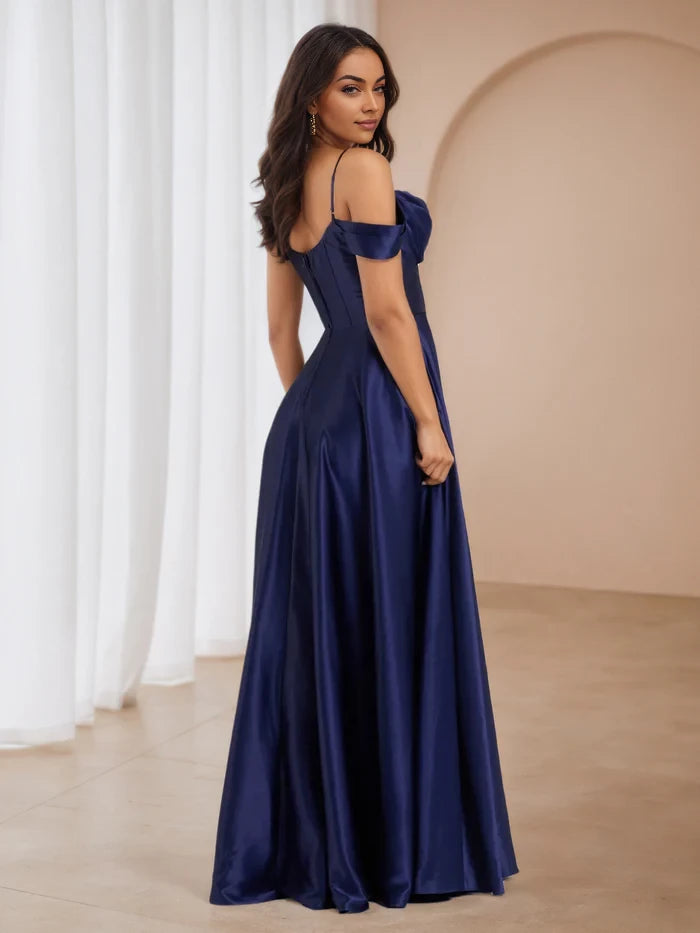 Elegant A - Line Off - Shoulder Short Sleeve Zipper Back Floor Length Prom Dresses