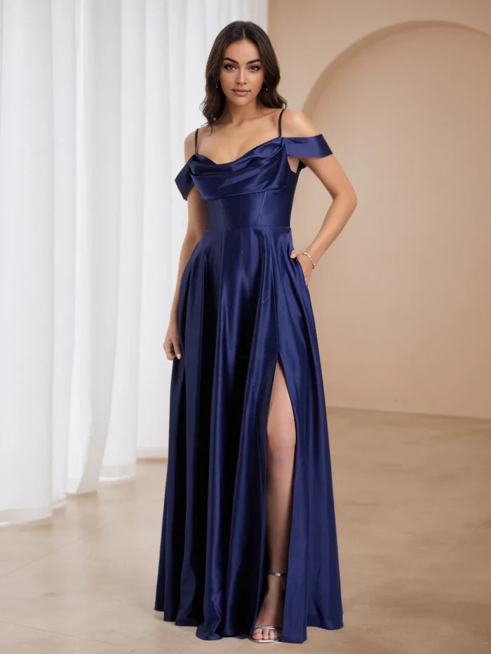 Elegant A - Line Off - Shoulder Short Sleeve Zipper Back Floor Length Prom Dresses