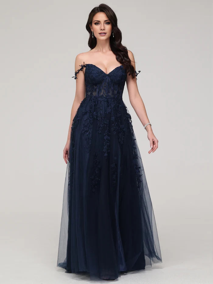 Elegant A - Line Off - Shoulder Sleeve Zipper Back Long Length Prom Dresses