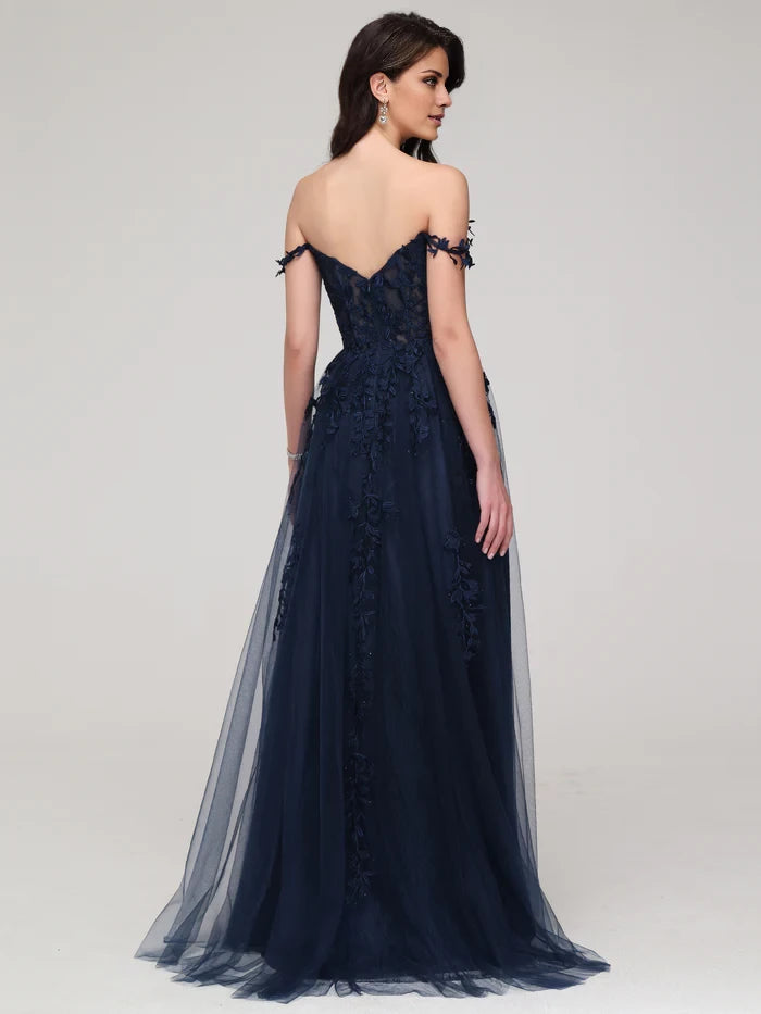 Elegant A - Line Off - Shoulder Sleeve Zipper Back Long Length Prom Dresses