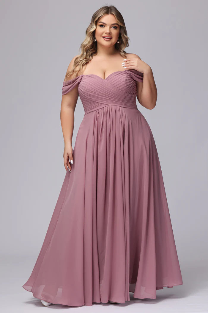 Plus Size Elegant A-Line Off-the-Shoulder Ruffled-Sleeve Open-Back Dusty Rose Chiffon Floor-Length Bridesmaid Dresses