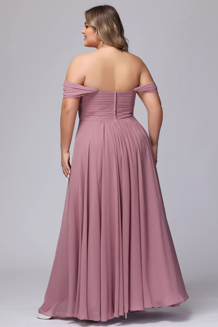 Plus Size Elegant A-Line Off-the-Shoulder Ruffled-Sleeve Open-Back Dusty Rose Chiffon Floor-Length Bridesmaid Dresses