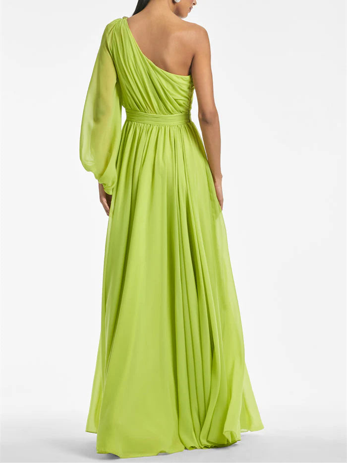 Elegant A - Line One - Shoulder Bishop - Sleeve Zipper Back Floor - Length Evening Gown