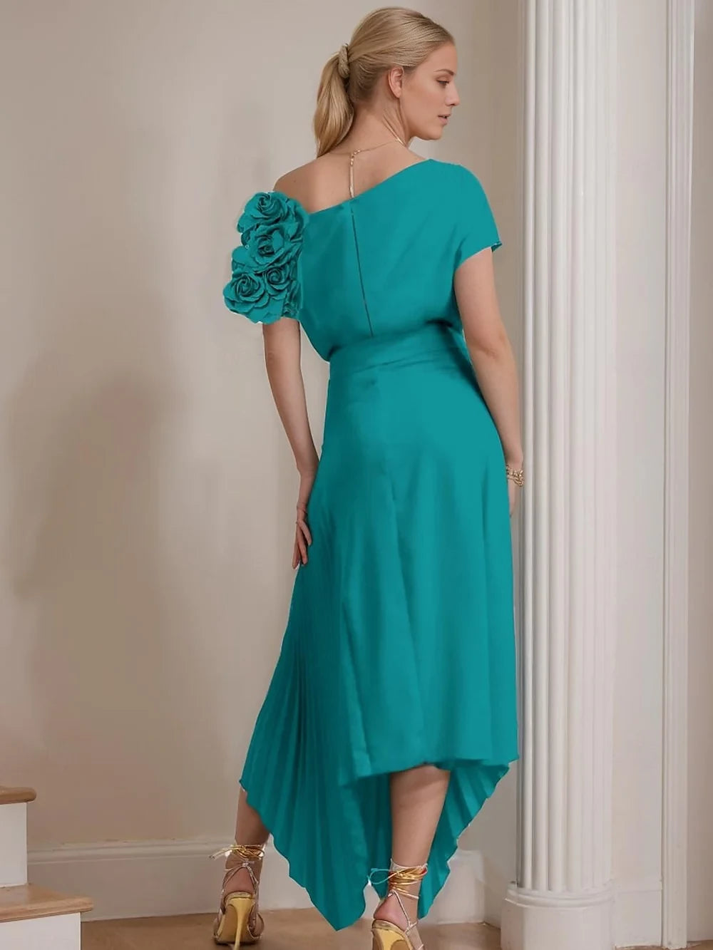 Elegant A - Line One - Shoulder Cap Sleeve Zipper Back Asymmetrical Length Mother of the Bride Dresses