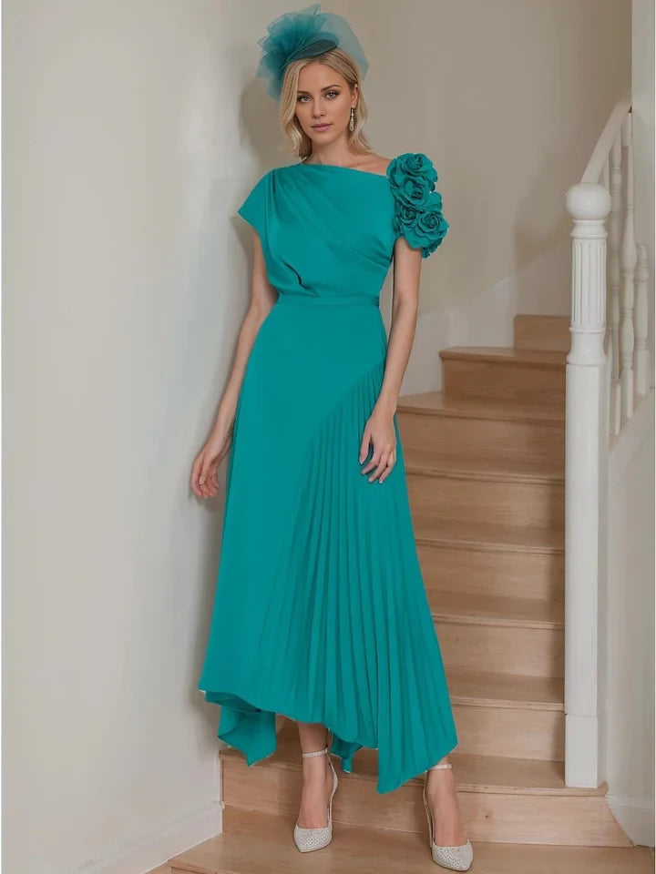 Elegant A - Line One - Shoulder Cap Sleeve Zipper Back Asymmetrical Length Mother of the Bride Dresses