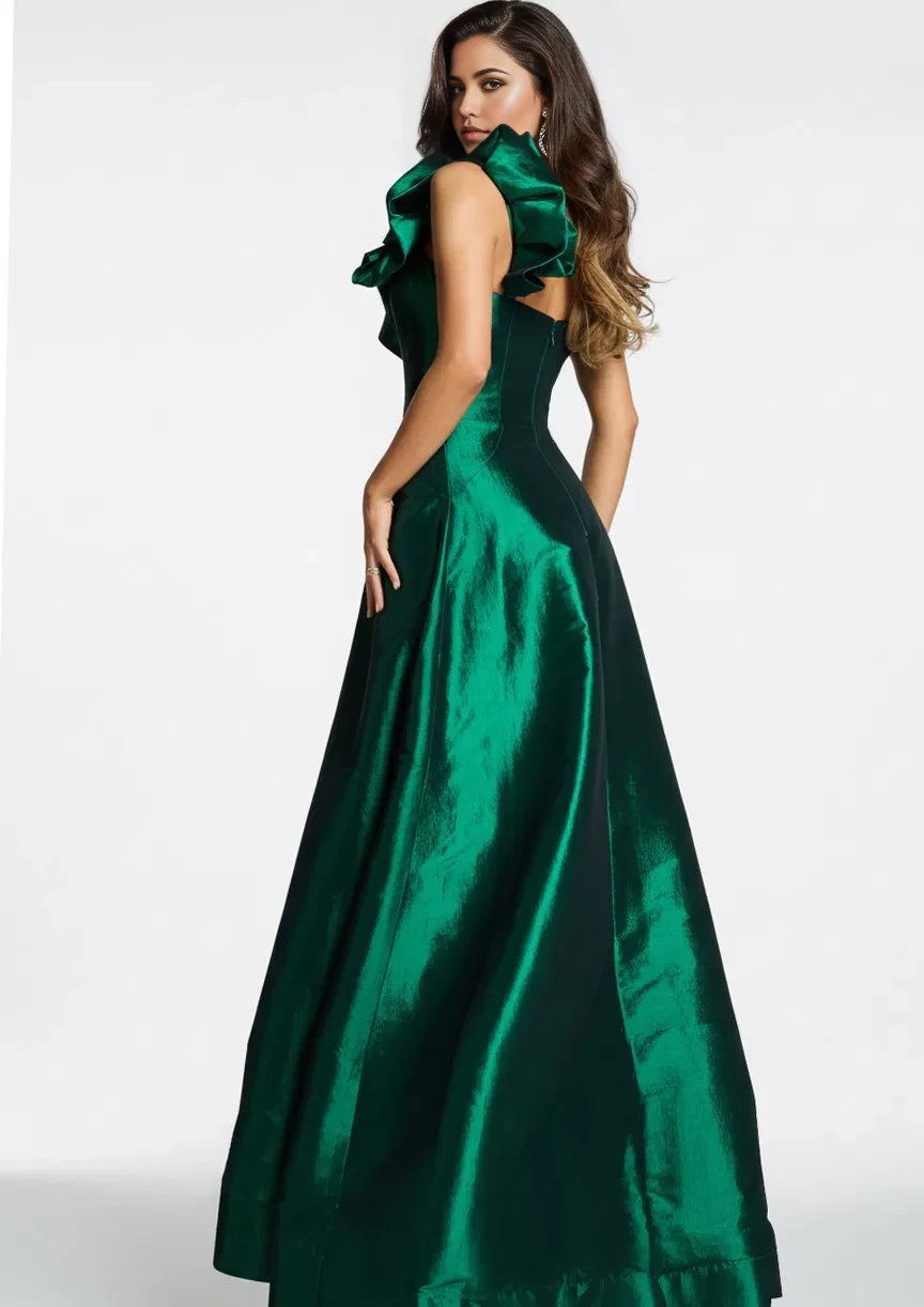 Elegant A-Line One-Shoulder Ruffle-Accent Long Length Evening Dresses