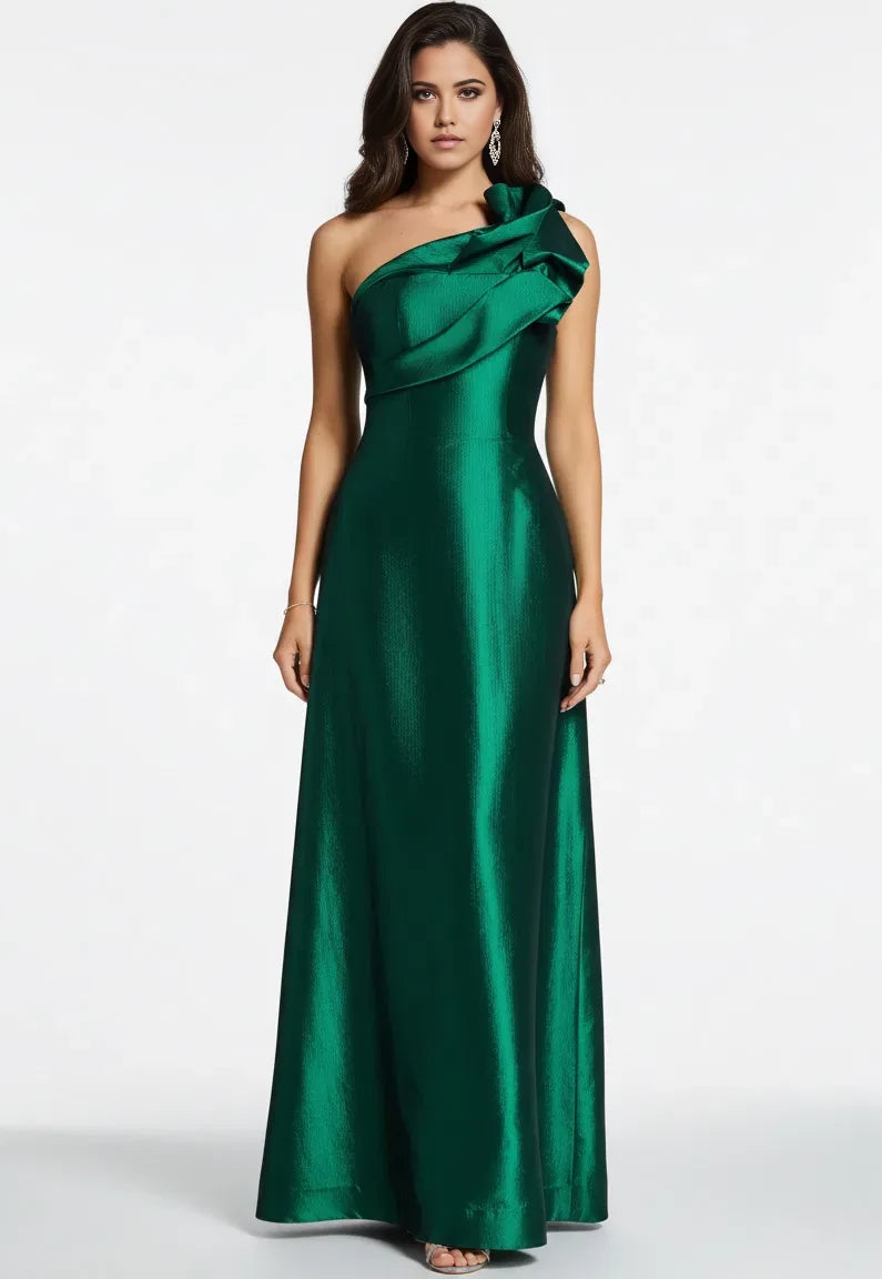 Elegant A-Line One-Shoulder Ruffle-Accent Long Length Evening Dresses