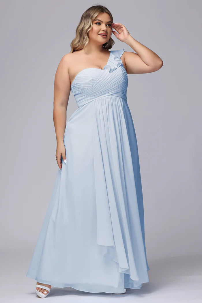 Plus Size Elegant A-Line One-Shoulder Ruffled-Sleeve Open-Back Sky Blue Chiffon Floor-Length Bridesmaid Dresses