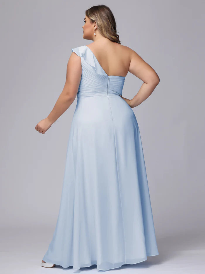 Plus Size Elegant A-Line One-Shoulder Ruffled-Sleeve Open-Back Sky Blue Chiffon Floor-Length Bridesmaid Dresses