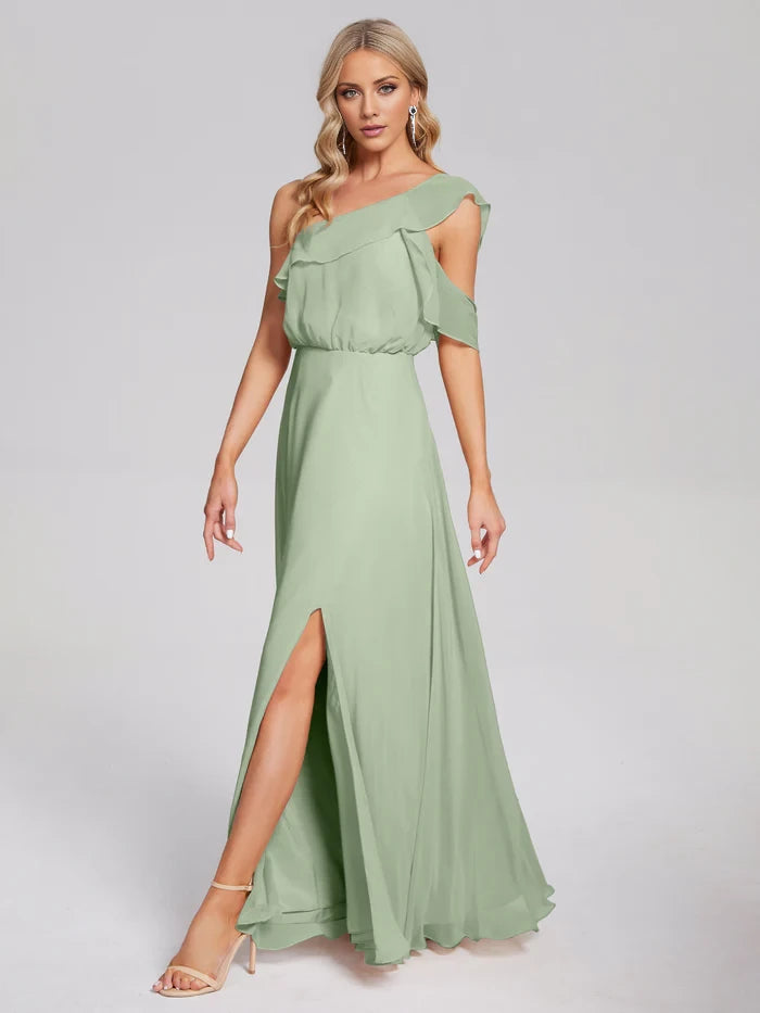Elegant A - Line One - Shoulder Ruffled Sleeve Zipper Back Long Length Prom Dresses
