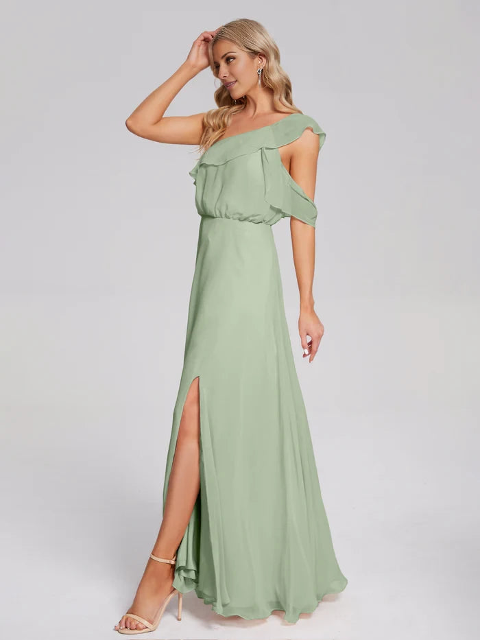 Elegant A - Line One - Shoulder Ruffled Sleeve Zipper Back Long Length Prom Dresses