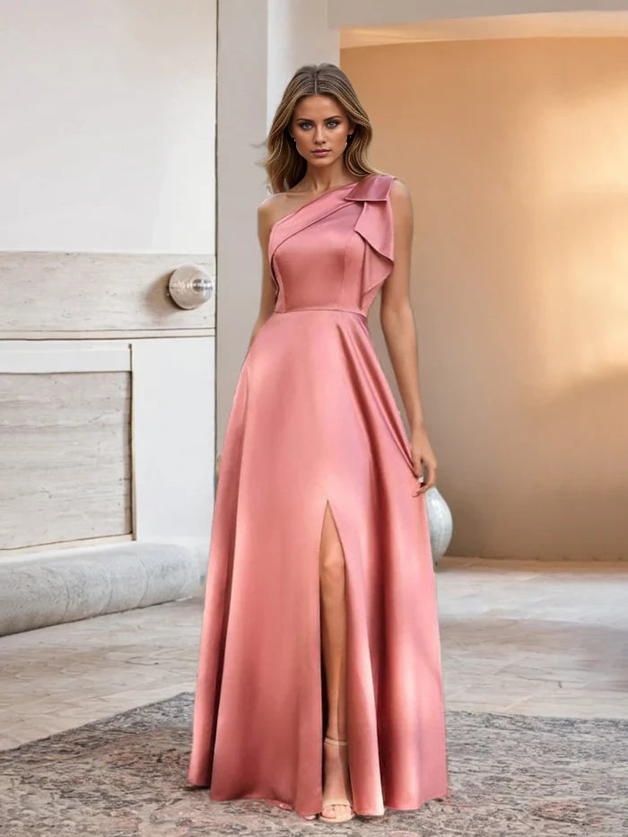 Elegant A - Line One - Shoulder Sleeveless Bow Back Long Length Prom Dresses