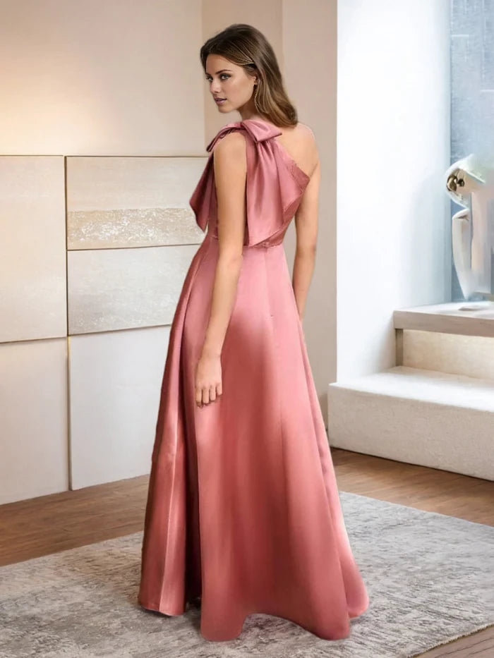Elegant A - Line One - Shoulder Sleeveless Bow Back Long Length Prom Dresses