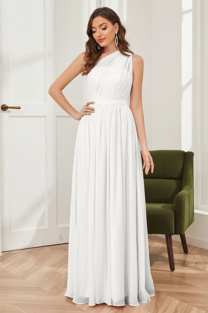 Elegant A-Line One-Shoulder Sleeveless Open-Back Ivory Chiffon Floor-Length Bridesmaid Dresses