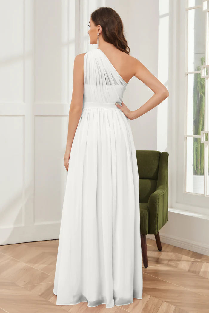 Elegant A-Line One-Shoulder Sleeveless Open-Back Ivory Chiffon Floor-Length Bridesmaid Dresses
