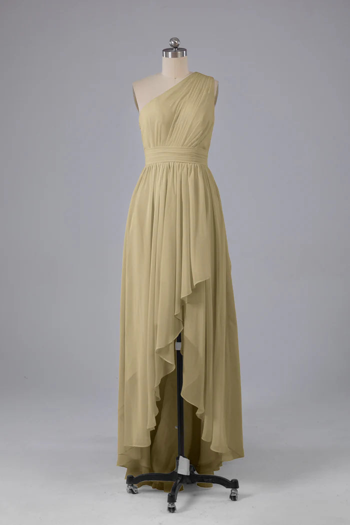 Elegant A-Line One-Shoulder Sleeveless Ruched-Back High-Low Bridesmaid Dresses