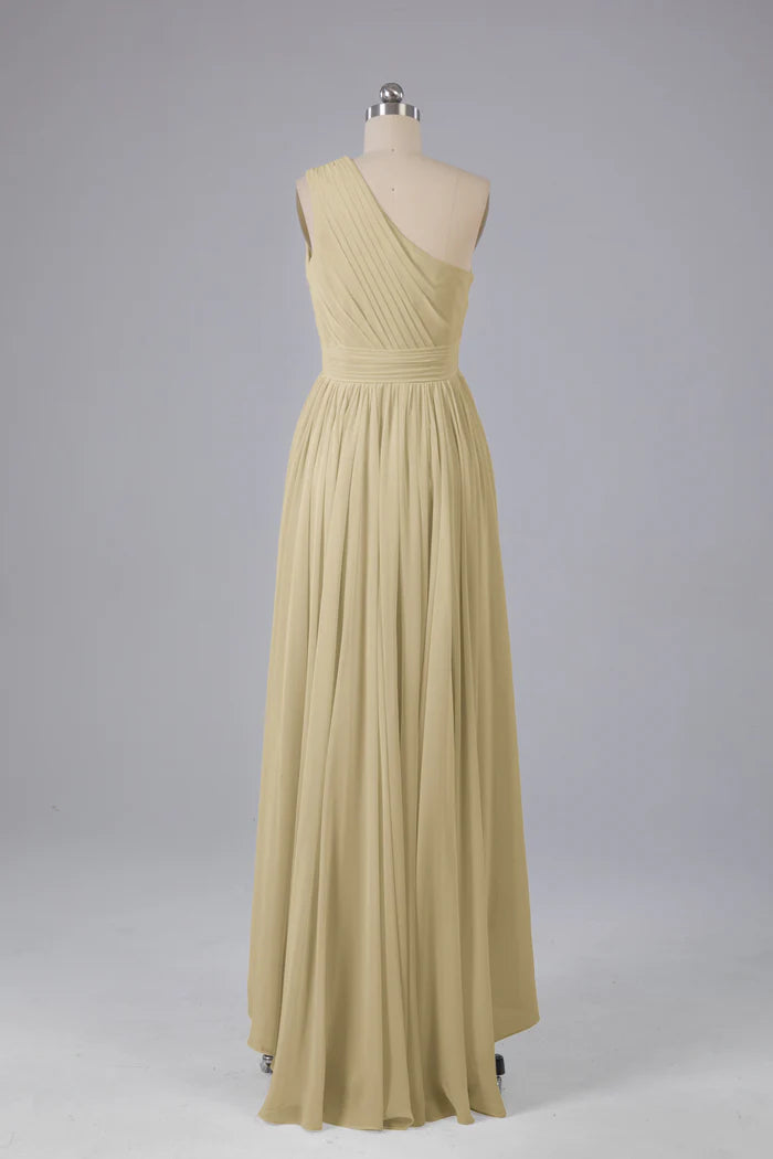 Elegant A-Line One-Shoulder Sleeveless Ruched-Back High-Low Bridesmaid Dresses