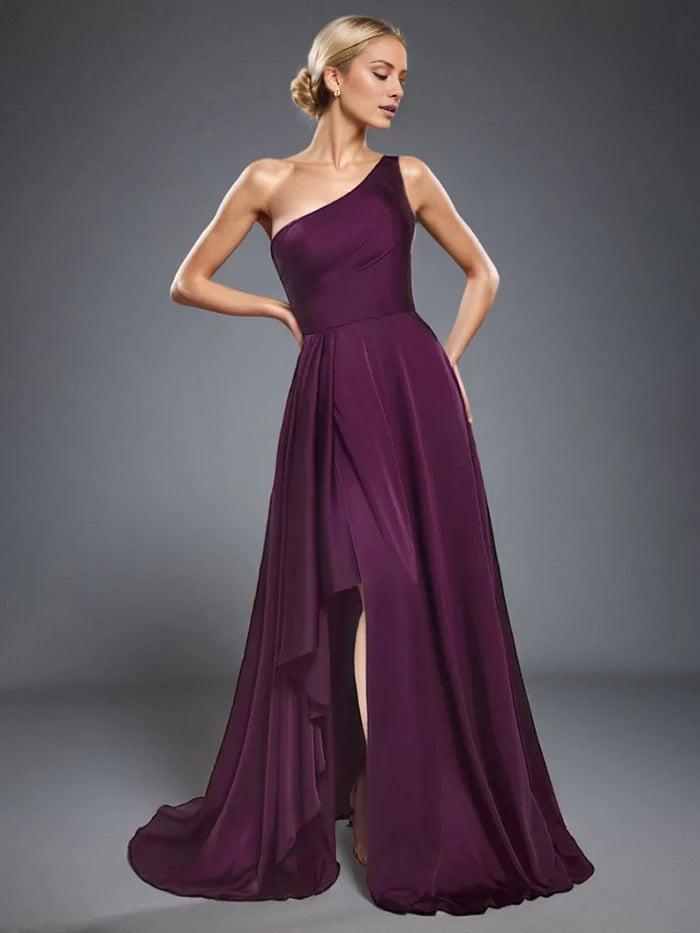 Elegant A - Line One - Shoulder Sleeveless Solid Back Long Length Prom Dresses