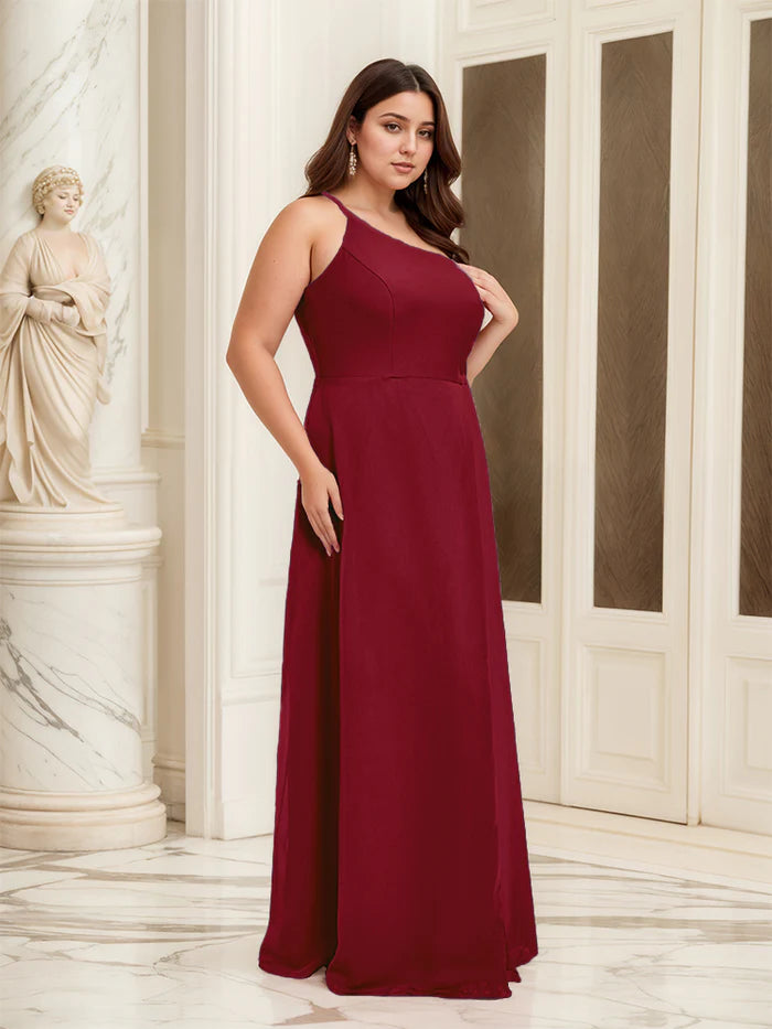 Plus Size Elegant A-Line One-Shoulder Sleeveless Zipper-Back Floor-Length Bridesmaid Dresses