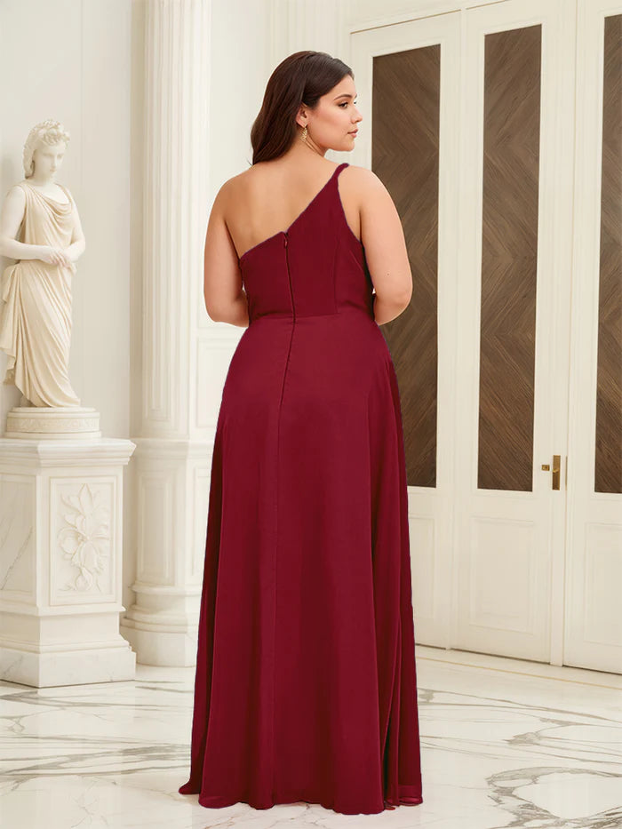 Plus Size Elegant A-Line One-Shoulder Sleeveless Zipper-Back Floor-Length Bridesmaid Dresses