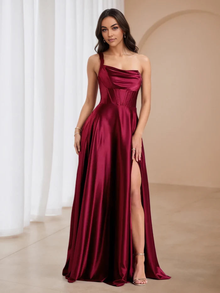 Elegant A - Line One - Shoulder Sleeveless Zipper Back Floor Length Prom Dresses
