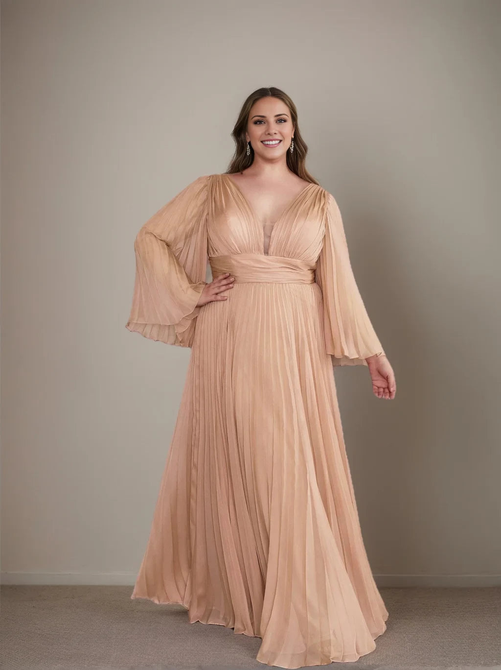 Plus Size Elegant A - Line Plunge Neck Bell Sleeve Open Back Long Length Prom Dresses