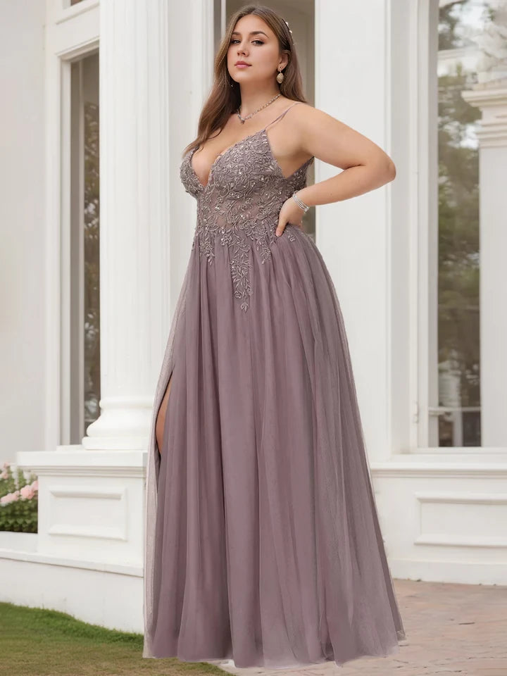 Plus Size Elegant A - Line Plunge Neck Sleeveless Open Back Long Length Prom Dresses
