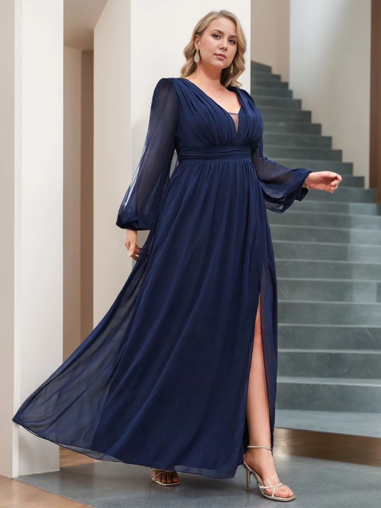 Elegant A - Line Plunging V - Neck Bishop Sleeve Zipper Back Floor - Length Mother of the Bride Dresses