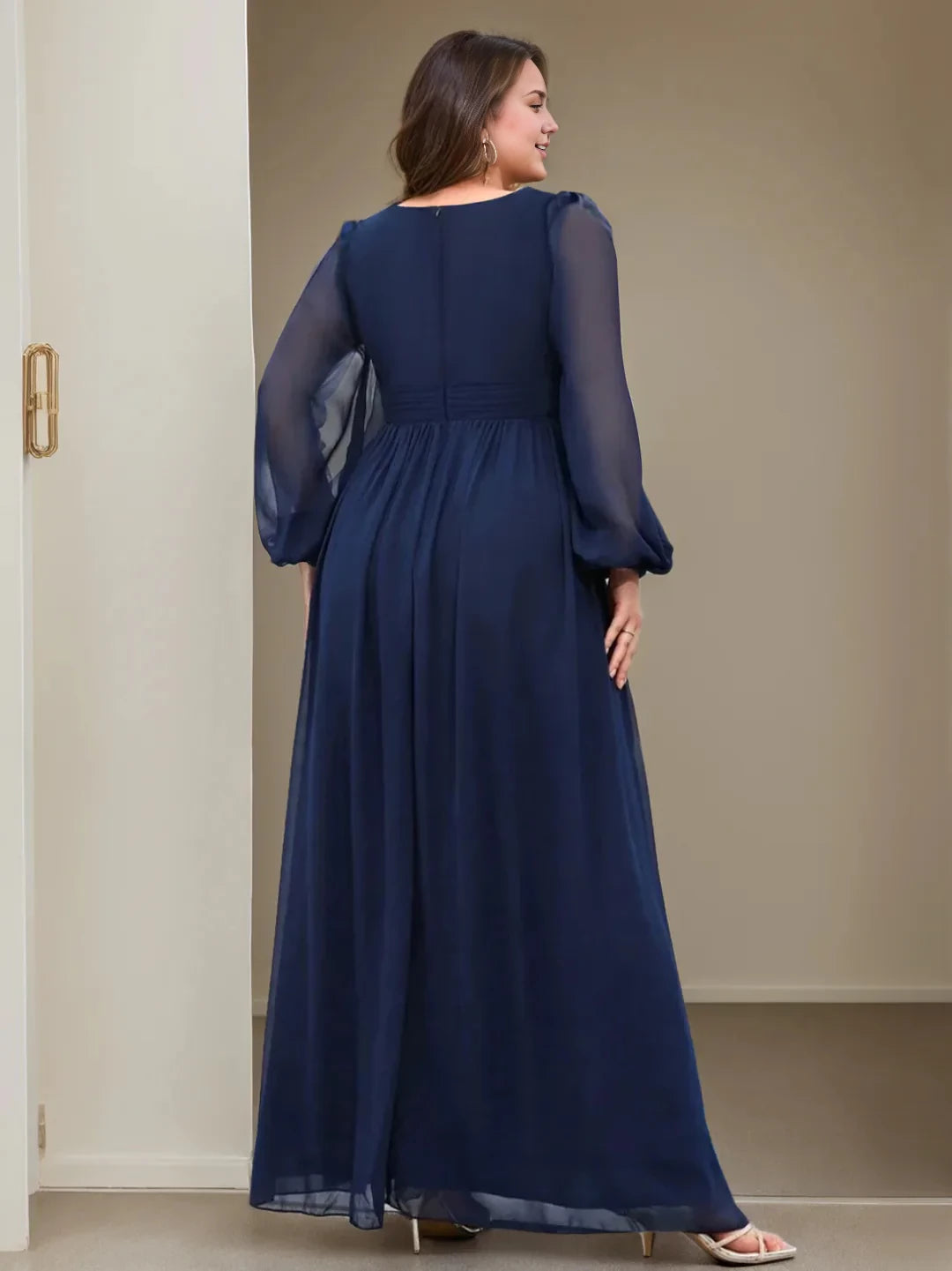 Elegant A - Line Plunging V - Neck Bishop Sleeve Zipper Back Floor - Length Mother of the Bride Dresses