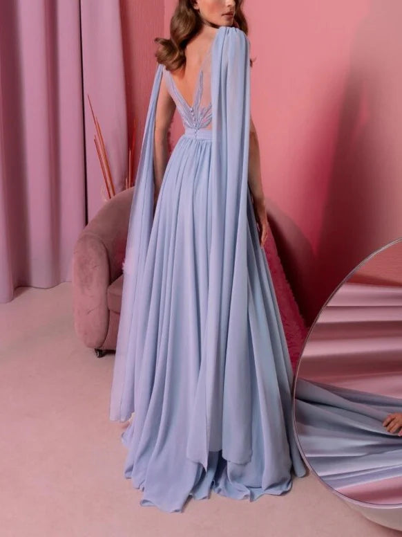 Elegant A - Line Plunging V - Neck Cape - Sleeve Open - Back Floor - Length Evening Gown