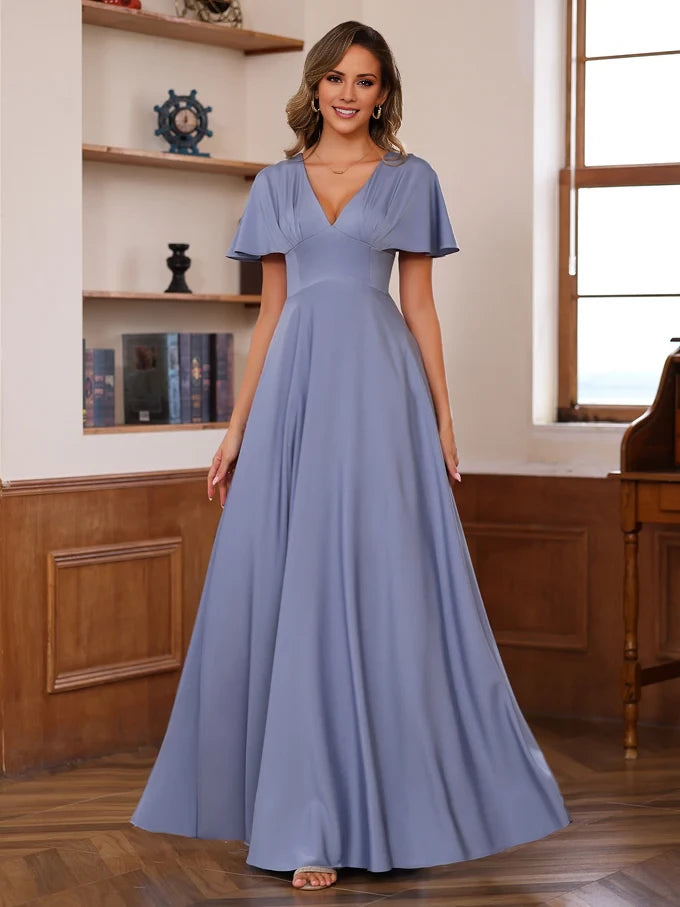 Elegant A - Line Plunging V - Neck Flutter Sleeve Tie Back Floor - Length Mother of the Bride Dresses