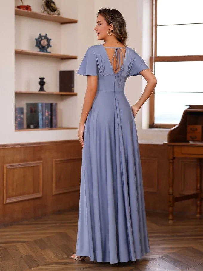Elegant A - Line Plunging V - Neck Flutter Sleeve Tie Back Floor - Length Mother of the Bride Dresses