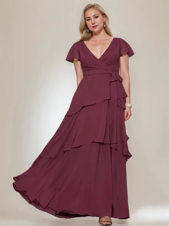 Elegant A - Line Plunging V - Neck Flutter Sleeve Zipper Back Floor - Length Plus Size Mother of the Bride Dresses