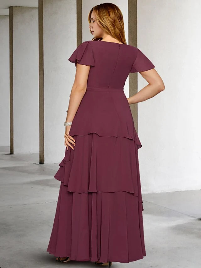 Elegant A - Line Plunging V - Neck Flutter Sleeve Zipper Back Floor - Length Plus Size Mother of the Bride Dresses