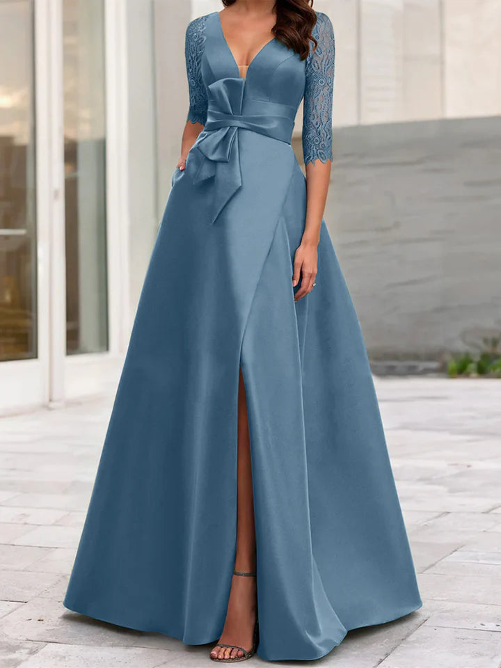 Elegant A - Line Plunging V - Neck Lace Three - Quarter Sleeve Zipper Back Floor - Length Mother of the Bride Dresses