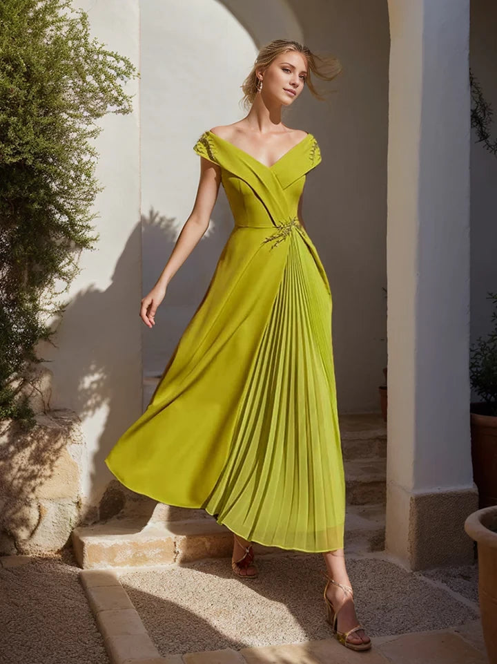Elegant A - Line Plunging V - Neck Off - Shoulder Sleeveless Zipper Back Midi - Length Mother of the Bride Dresses