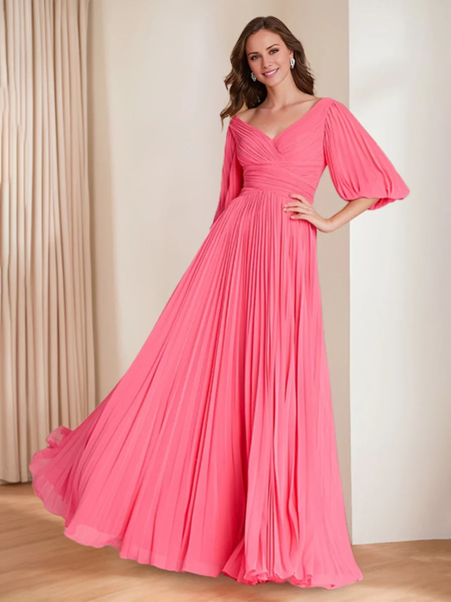 Elegant A - Line Plunging V - Neck Puff Sleeve Plunging Back Floor - Length Mother of the Bride Dresses