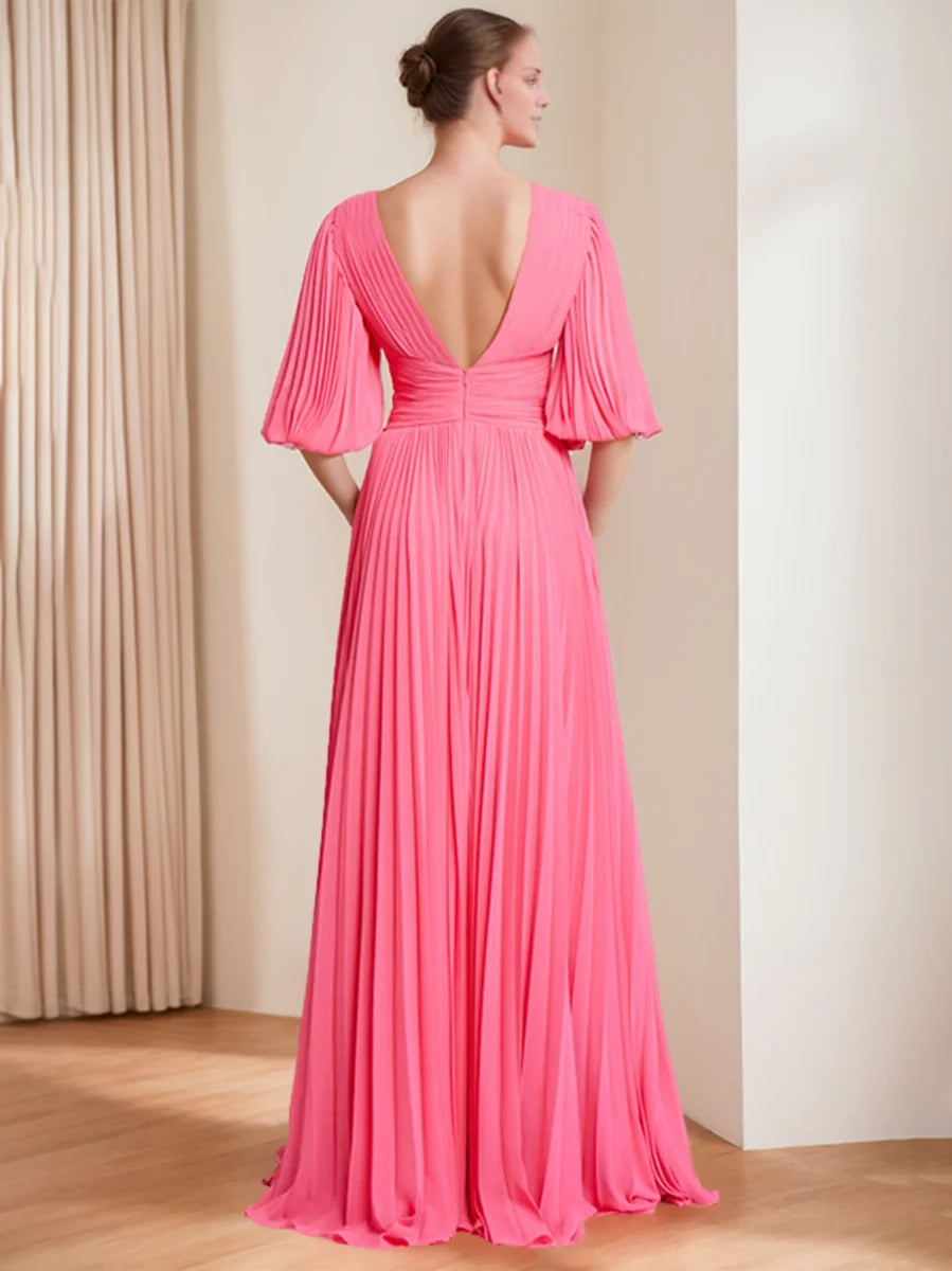 Elegant A - Line Plunging V - Neck Puff Sleeve Plunging Back Floor - Length Mother of the Bride Dresses