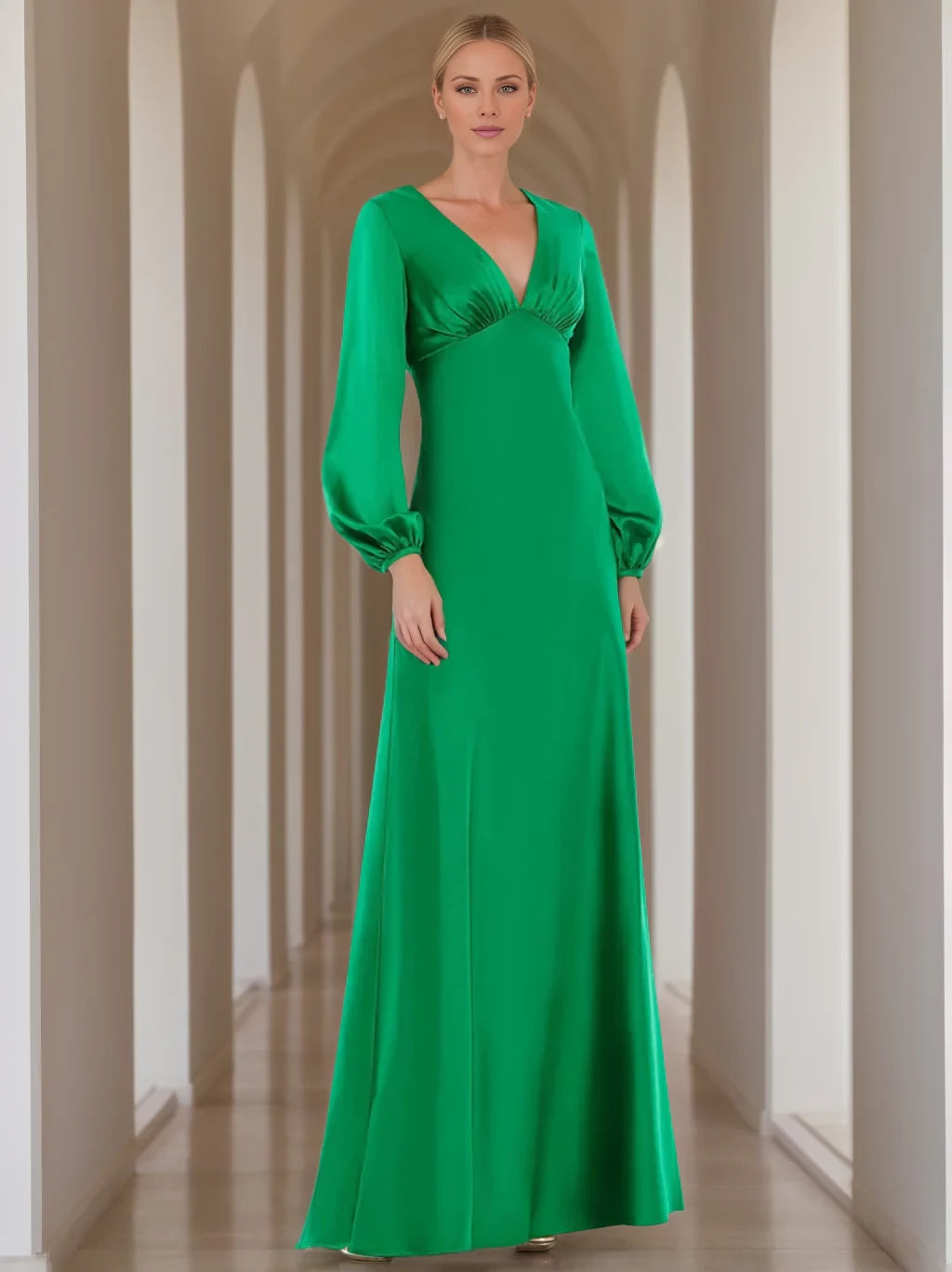 Elegant A - Line Plunging V - Neck Puff - Sleeve Zipper Back Floor - Length Evening Gown