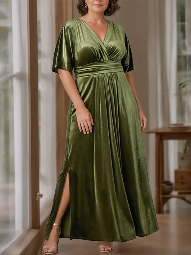 Elegant A - Line Plunging V - Neck Short Sleeve Zipper Back Floor - Length Mother of the Bride Dresses