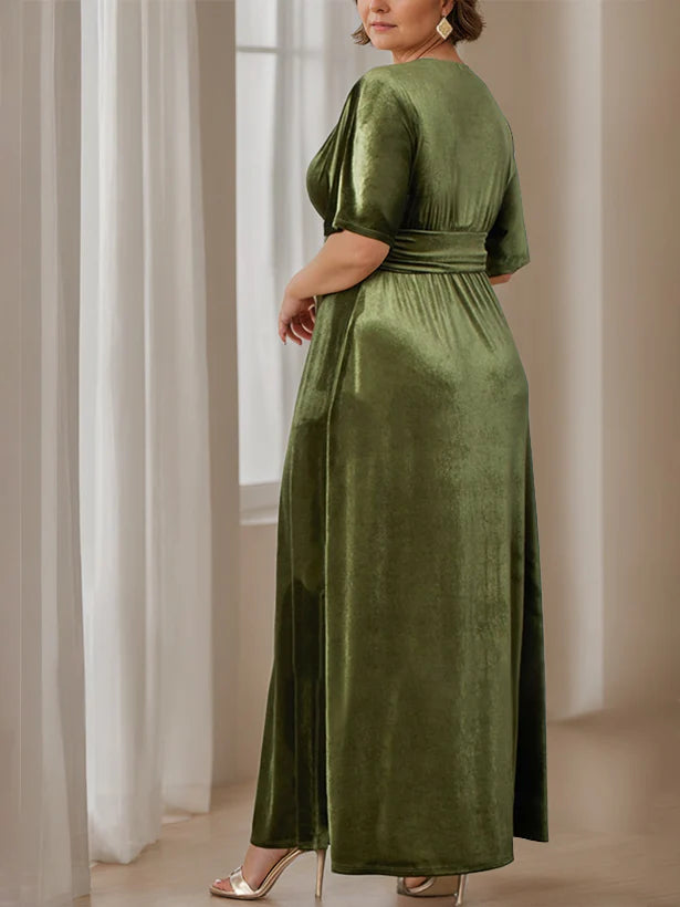 Elegant A - Line Plunging V - Neck Short Sleeve Zipper Back Floor - Length Mother of the Bride Dresses
