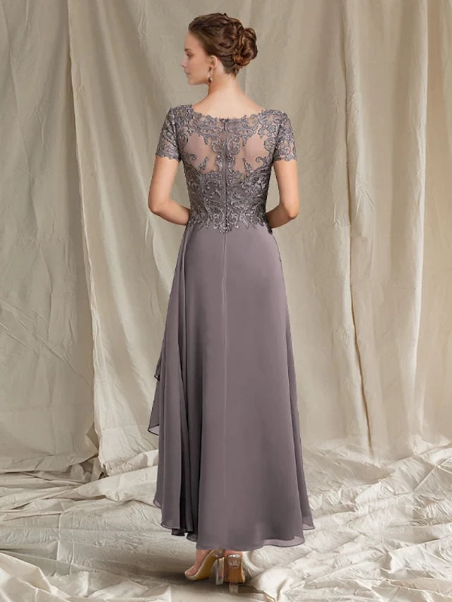 Elegant A - Line Plunging V - Neck Short - Sleeve Zipper Back High - Low Mother of the Bride Dresses