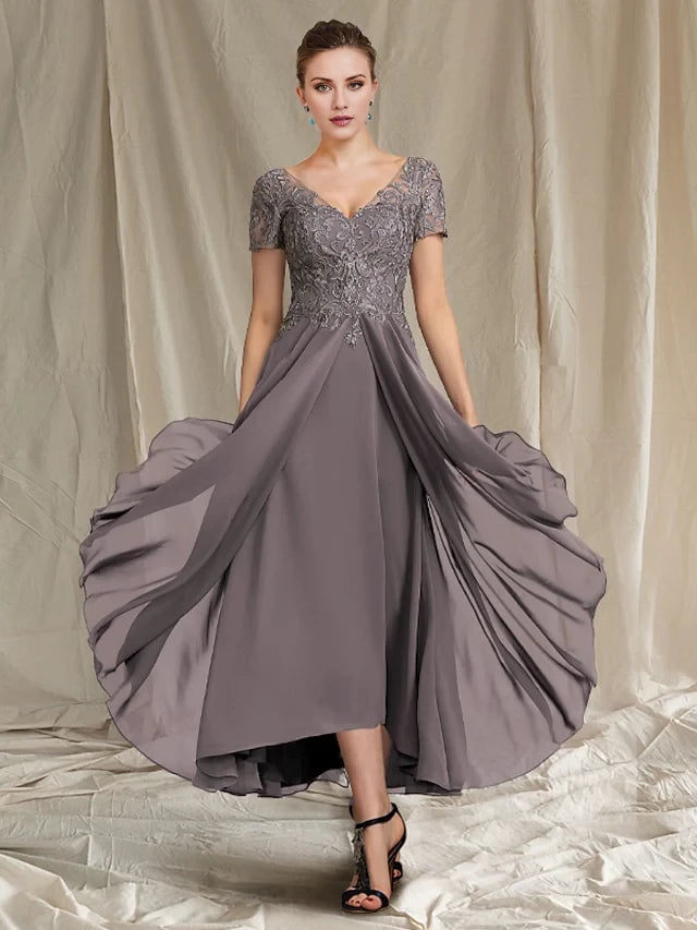 Elegant A - Line Plunging V - Neck Short - Sleeve Zipper Back High - Low Mother of the Bride Dresses
