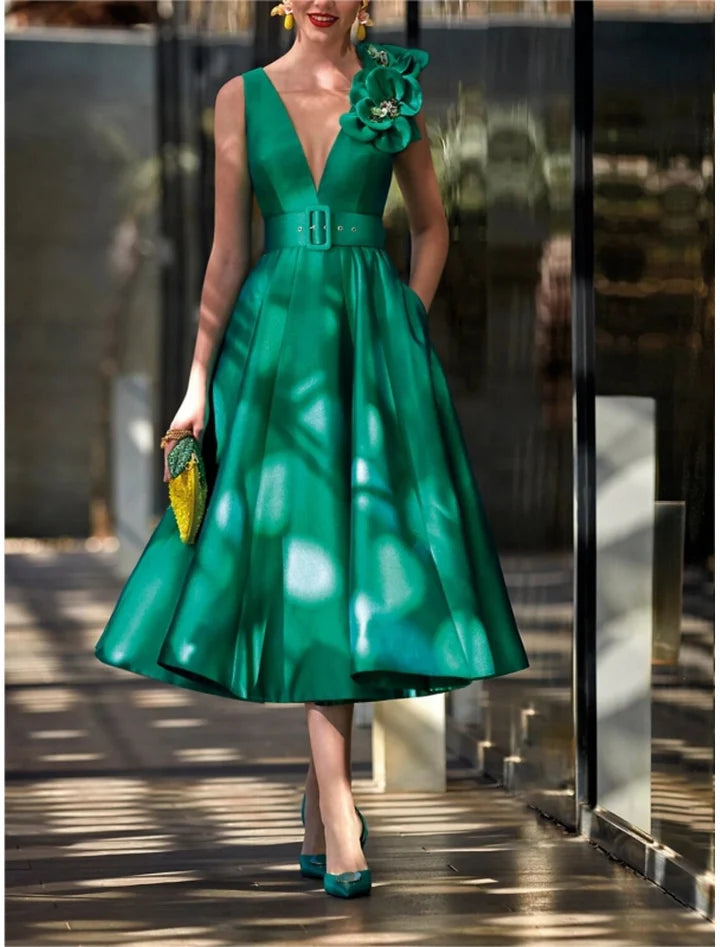 Elegant A - Line Plunging V - Neck Sleeveless Button Back Knee - Length Mother of the Bride Dresses