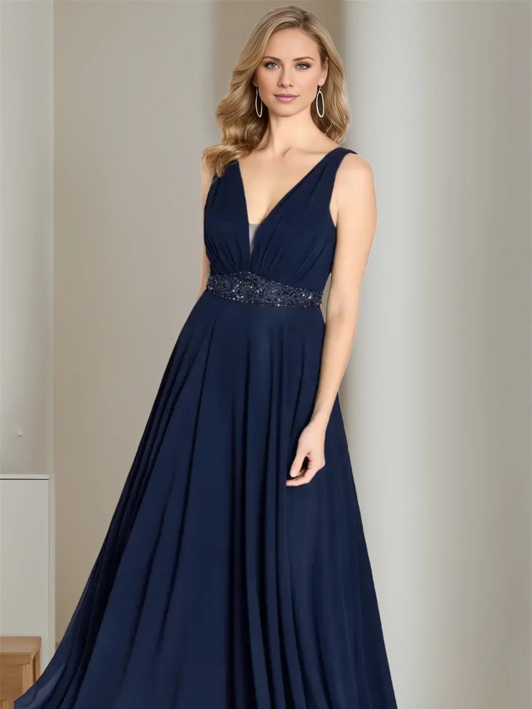 Elegant A - Line Plunging V - Neck Sleeveless Zipper Back Floor - Length Mother of the Bride Dresses