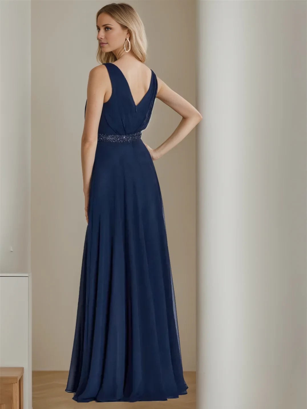 Elegant A - Line Plunging V - Neck Sleeveless Zipper Back Floor - Length Mother of the Bride Dresses