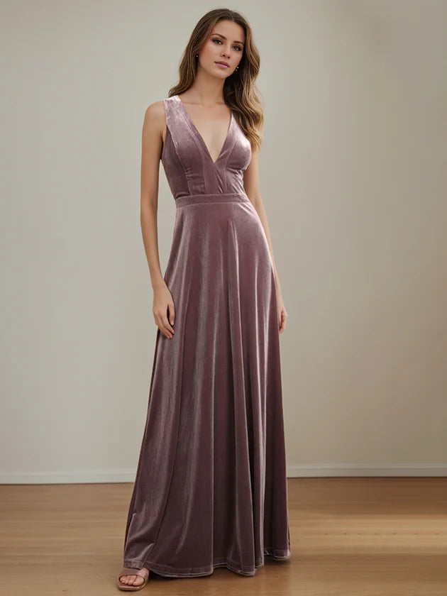 Elegant A - Line Plunging V - Neck Sleeveless Zipper Back Floor - Length Mother of the Bride Dresses