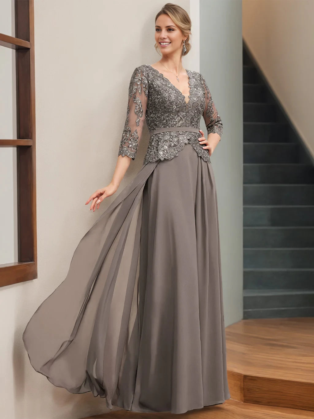 Elegant A - Line Square Neck Puff - Sleeve Zipper Back Floor - Length Mother of the Bride Dresses