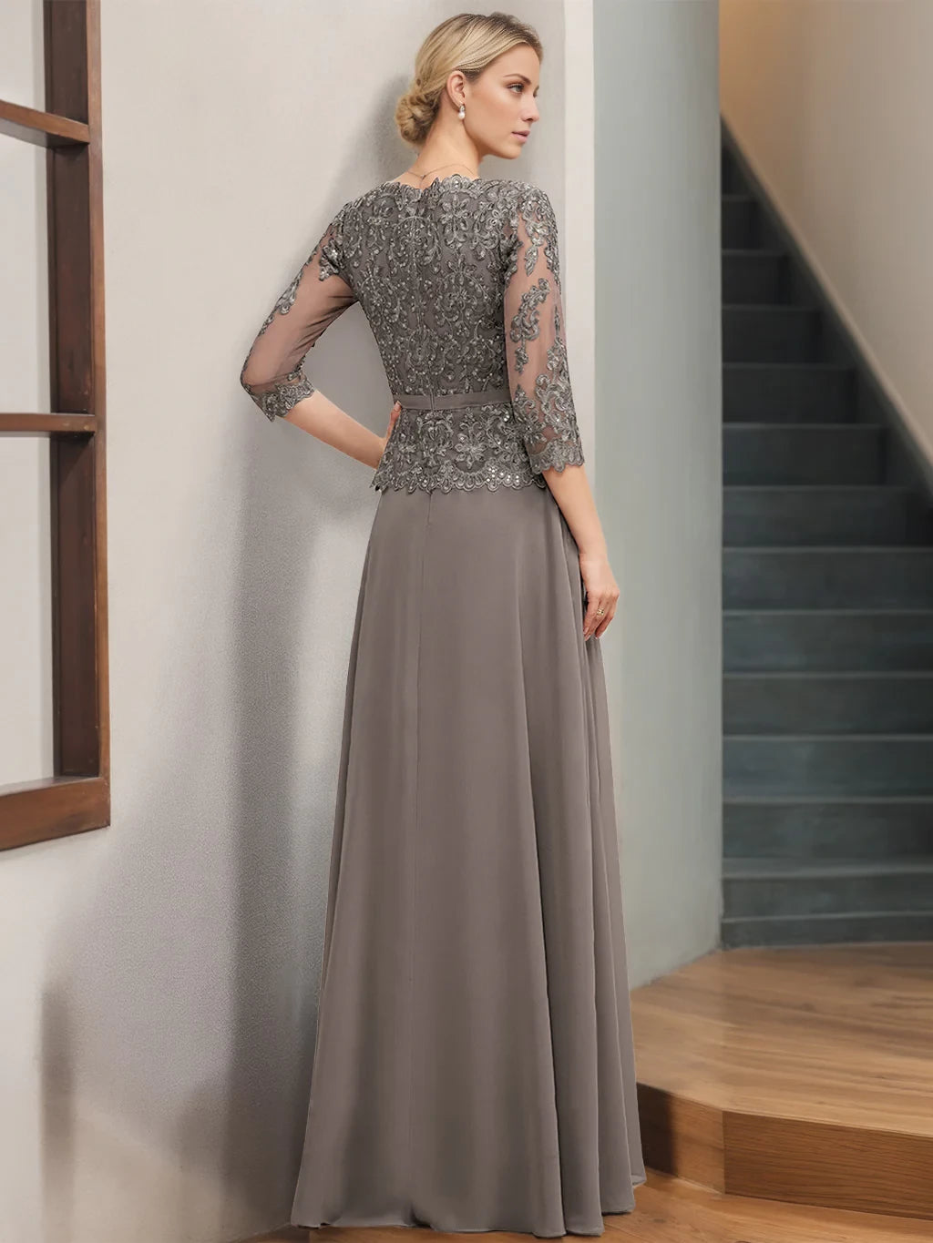 Elegant A - Line Square Neck Puff - Sleeve Zipper Back Floor - Length Mother of the Bride Dresses