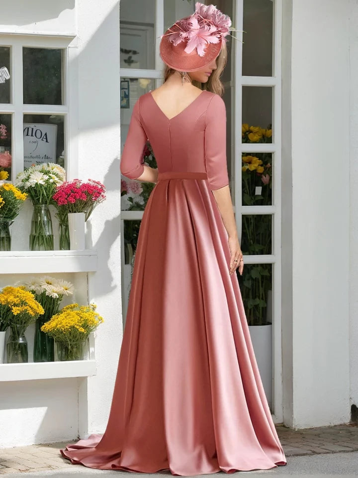 Elegant A - Line Plunging V - Neck Three - Quarter Sleeve Zipper Back Floor - Length Mother Of The Bride Dresses